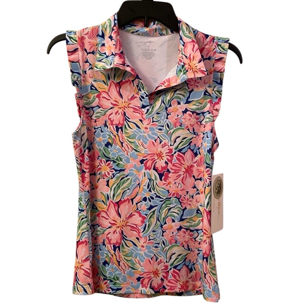 NWT Gottex Top Golf Tennis Floral Pink Blue Green Ruffle Cap Sleeve WM Sz S 🌸